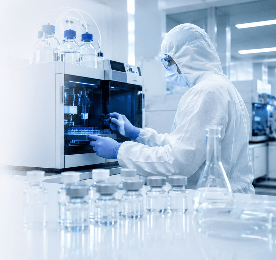 Scientist in a cleanroom preparing research peptide vials